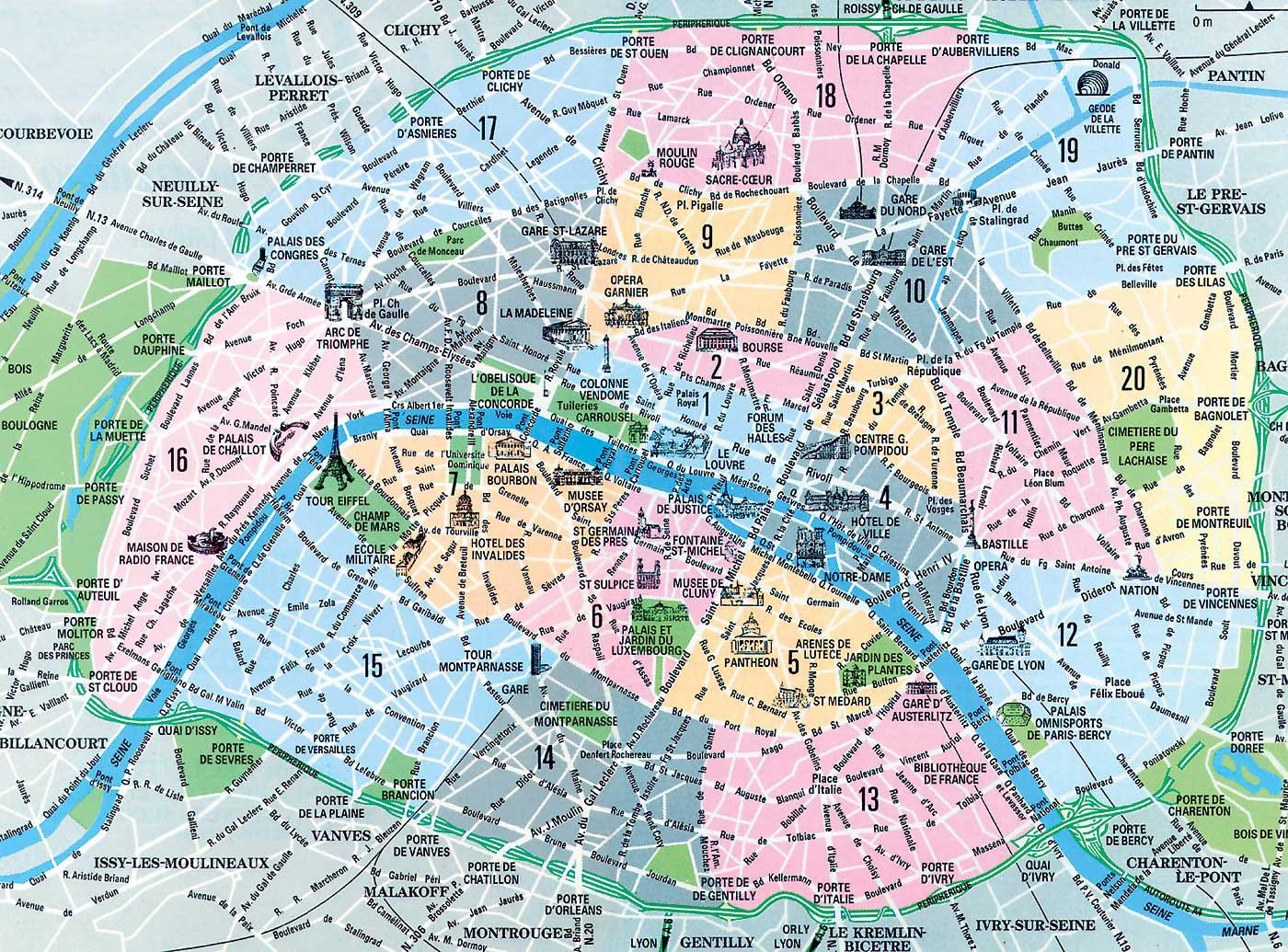 Karte Der Pariser Stadtbezirke Und Sehenswurdigkeiten Stadtplan Von Paris Nachbarschaften Und Sehenswurdigkeiten Ile De France Frankreich