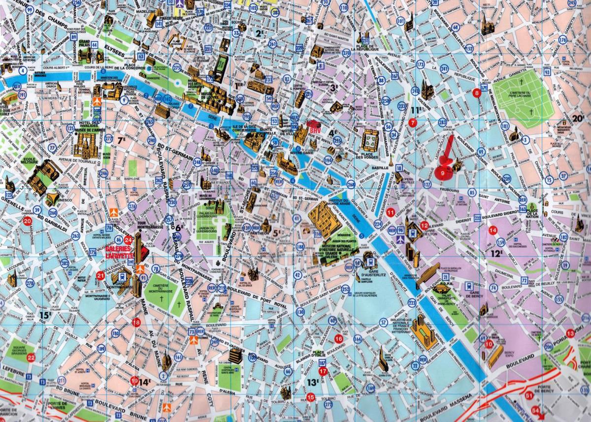 Paris city tourist map - Paris-Stadtplan mit Sehenswürdigkeiten (Île-de