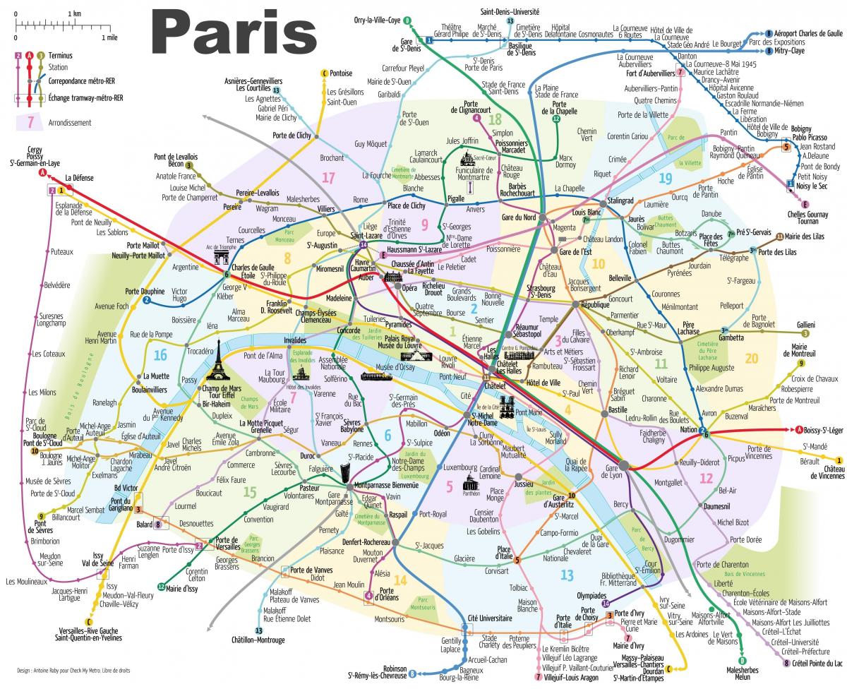 Paris U-Bahn-Karte mit Sehenswürdigkeiten - Karte von Paris metro mit Denkmälern (Île-de-France 