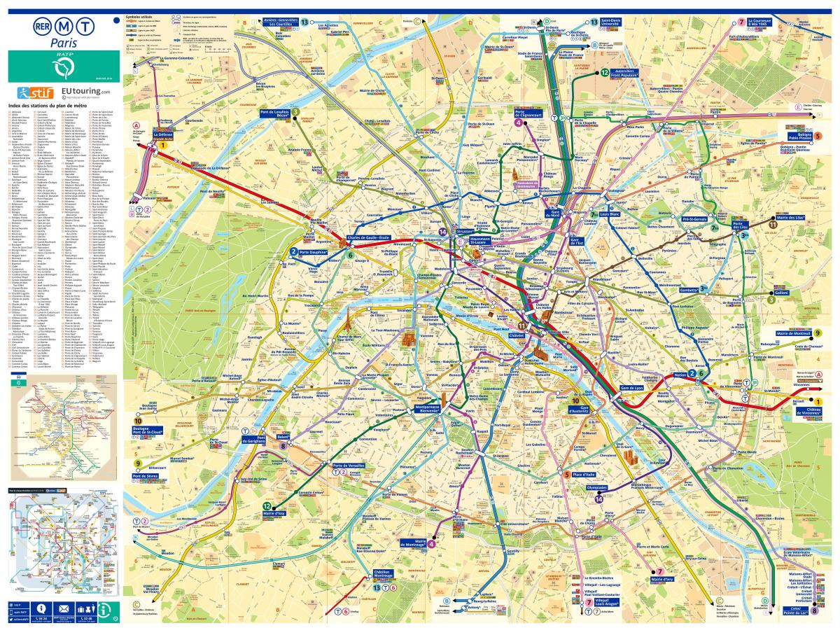 Paris street map mit den U-Bahn-Stationen - Karte von Paris mit